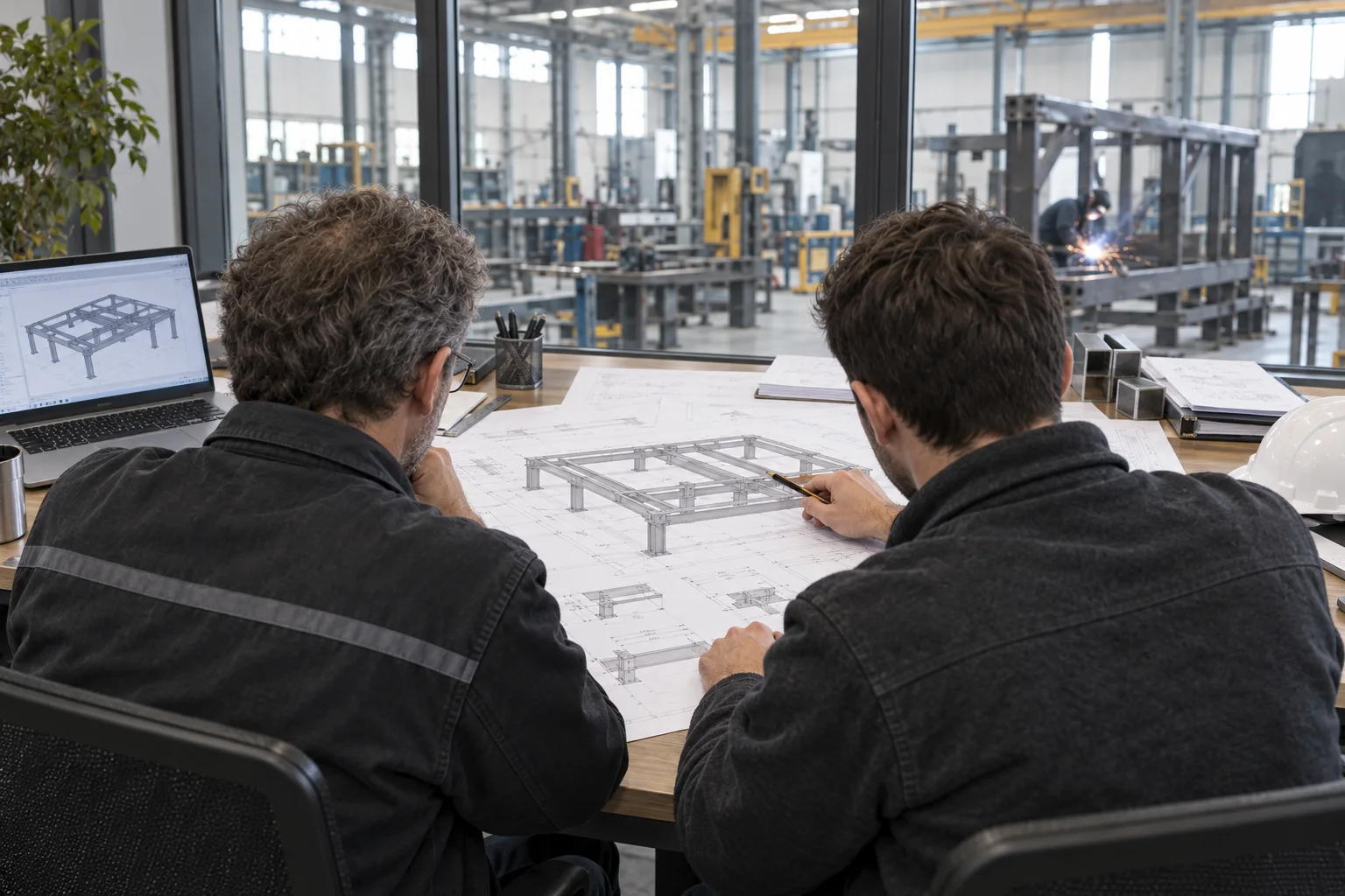 Engineers viewed from behind analysing drawings and technical documentation for a steel structure