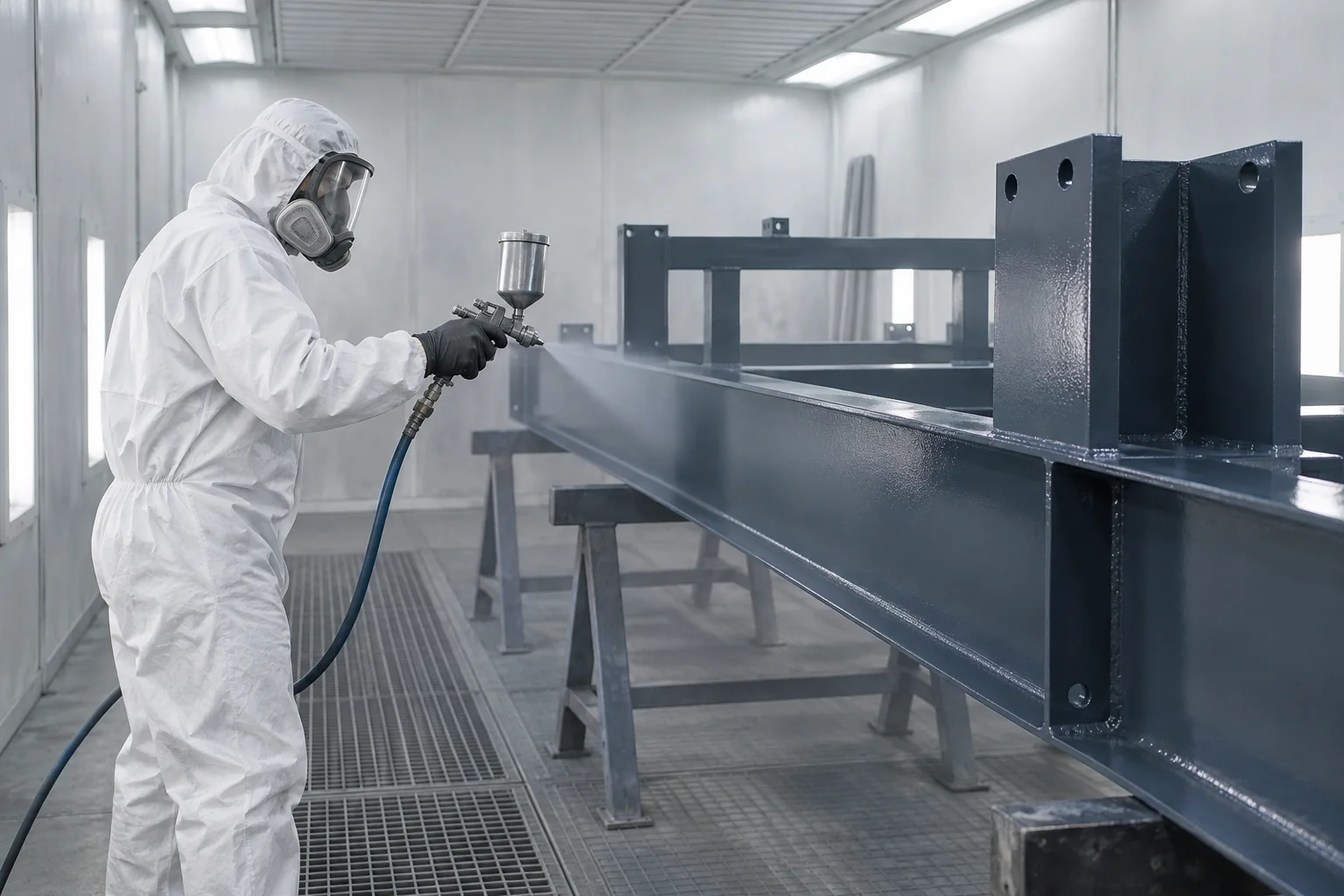 Worker in protective suit and respirator wet spray painting a steel structure
