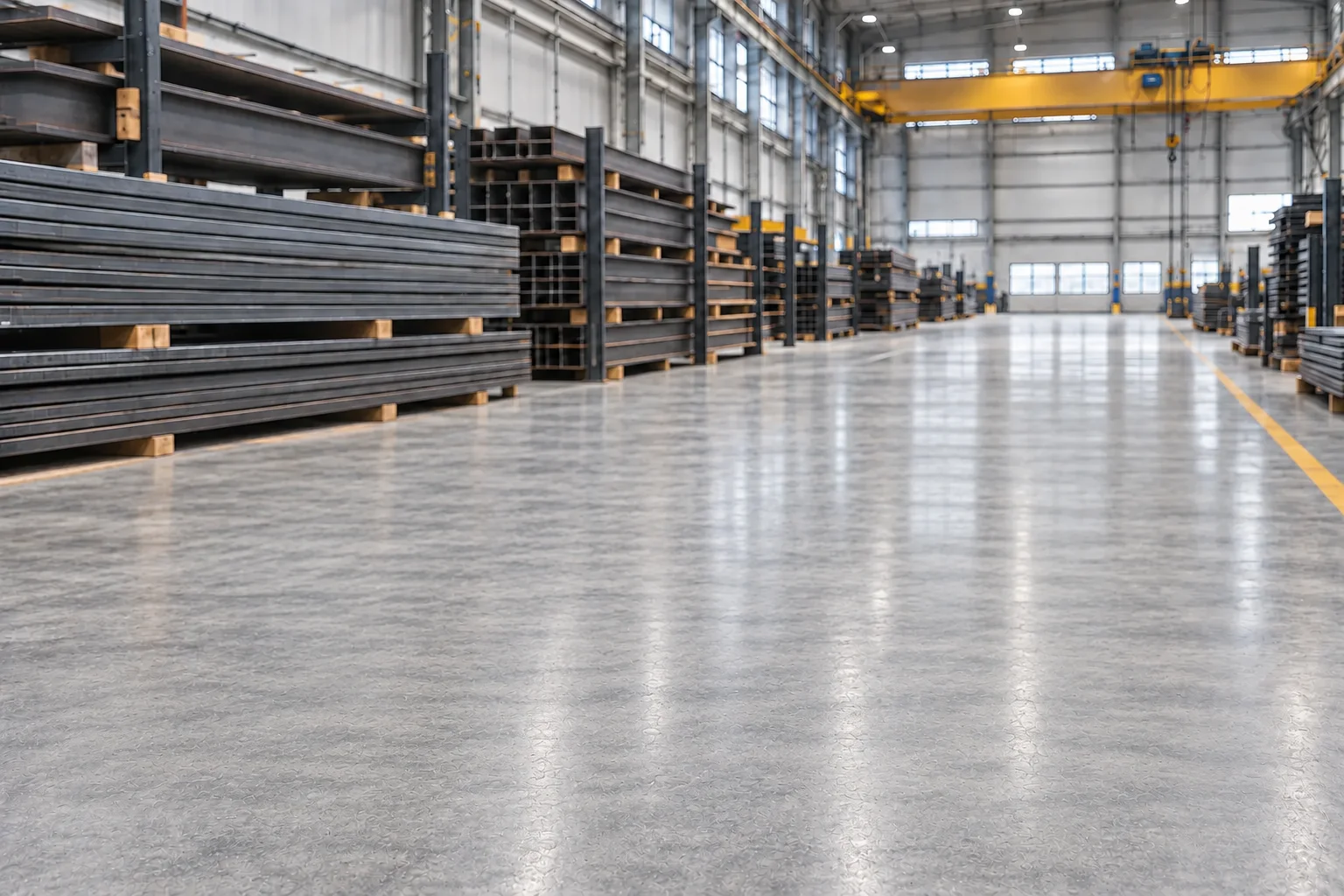 Steel stock on warehouse racks beside a clear concrete aisle