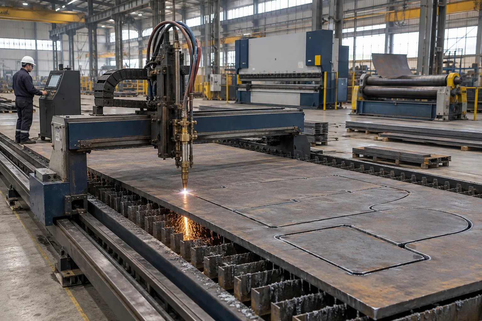 Thermal cutting of steel plate in a workshop with bending and rolling equipment